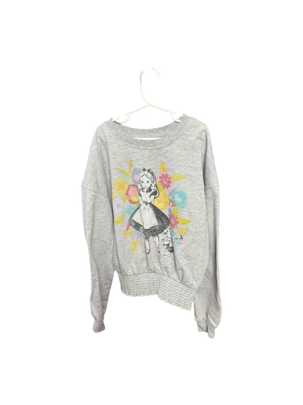 Disney Alice in Wonderland Sweatshirt Heather Gray Elastic Pintuck Hem Size M
